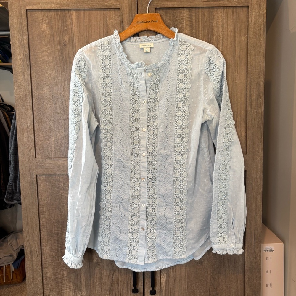 Sundance small Button Down Top eyelet embroidered Light Blue Button Down Shirt